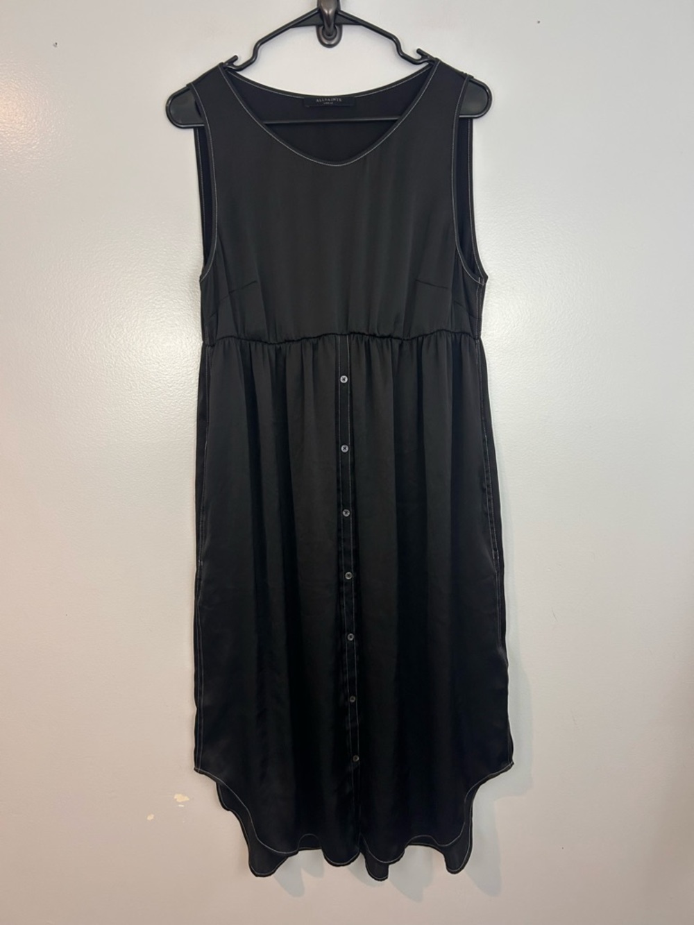 All Saints Black Satin Tank Button Down Sleeveless Curved Hem Midi Dress Large